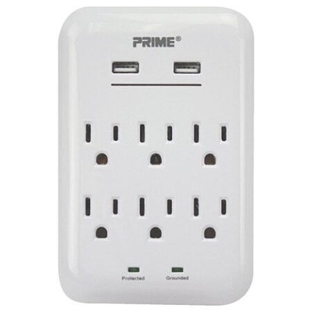 Surge Protector With USB Charger, 125 V, 15 A, 6 -Outlet, 1200 J Energy, White